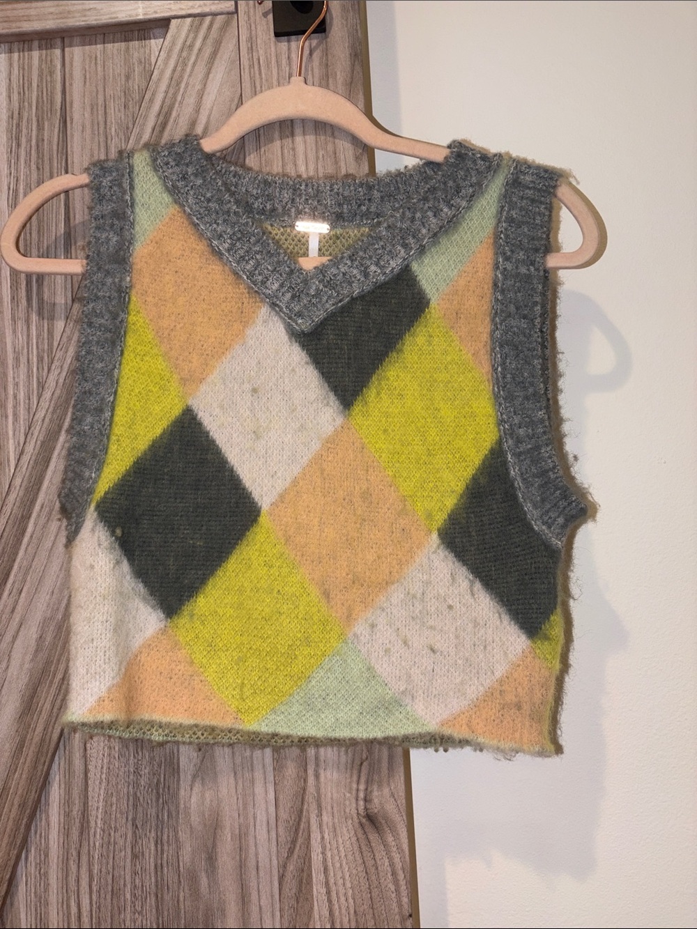 Free People Argyle Knit Cropped Vest in Gray, Yellow, Cream, Green